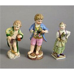Figures, 3 items, China, Meissen and Berlin, Germany, height 11, 12 and 10 cm; repairs and mino...