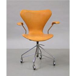 Office chair, Chromium-plated metal construction, seat in natural leather, designed by Arne Jac...