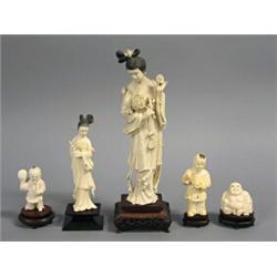 Figures, 5 items, Carved bone, signed, height 11, 20, 30, 12 and 7,5 cm; repairs, 3.000,...