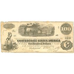 $100 1862 Richmond Virginia Confederate States of America Large Note