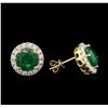 Image 2 : 2.94ctw Emerald and Diamond Earrings - 18KT Yellow Gold