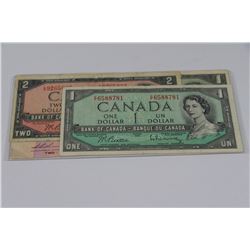 1954 ONE & TWO DOLLAR BANK OF CANADA NOTES WITH