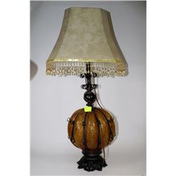VINTAGE WROUGHT IRON AMBER CRACLE GLASS LAMP
