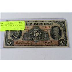 1938 THE DOMINION BANK $5 BILL