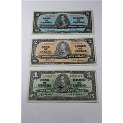 1937 BANK OF CANADA $1, $2, $5 BILLS