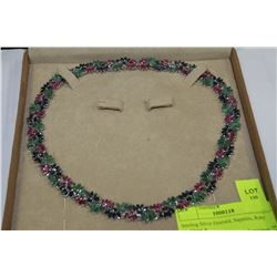 Sterling Silver Emerald, Sapphire, Ruby Necklace