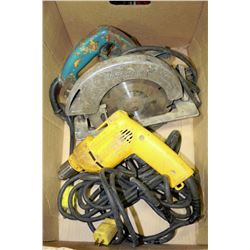 BOX W/ MAKITA SKIL SAW AND DEWALT DRILL