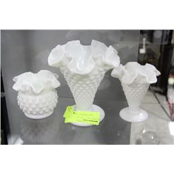 3 HOBNAIL MILKGLASS VASES