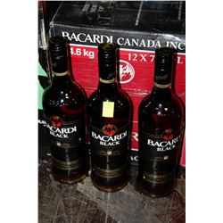 THREE 750 ML BOTTLES OF BACARDI BLACK RUM 40%