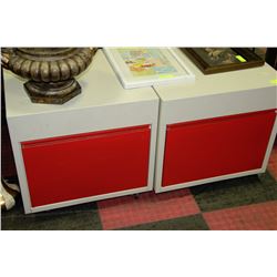 PAIR OF WHITE AND RED METAL CABINETS ON WHEELS