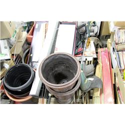 PALLET OF MISC INCLUDES GARDEN TOOLS, 17 PLANTERS,