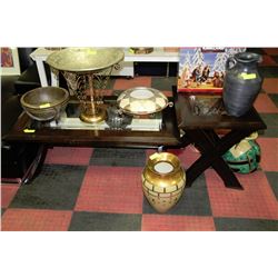 WOOD & BEVELLED GLASS COFFEE & END TABLE SET