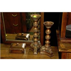 TWO GOLD LEAF FINISH CANDLEHOLDERS W/ JEWELLERY