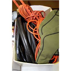 BOX OF SHOP SUPPLIES INCLUDING EXTENSION CORDS,