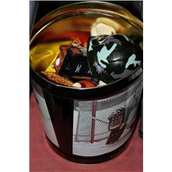 TIN OF MISC INCLUDING TONKA TOYS, HOCKEY PUCKS &