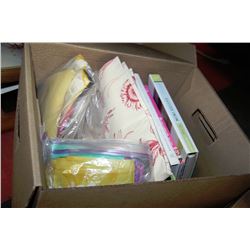 BOX OF QUILTING GUIDES, FABRICS, SUPPLIES & MORE