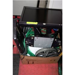 BOX OF MISC INCLUDES KEYBOARD, MONITOR, DRUM, &