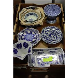TRAY OF BLUE AND WHITE DISHWARE