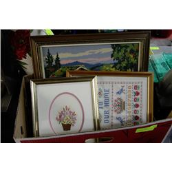 BOX W/ 3 FRAMED ESTATE NEEDLEPOINT PIECES
