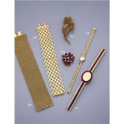 A GOLD MESH BRACELET, Of broad woven design., sfr 2,000-2,500, $1,500-2,000...