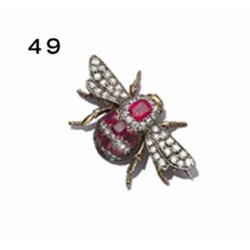 RUBY AND DIAMOND BEE BROOCH CA 1910, The oustreched wings set with circular and brilliant-cut dia...