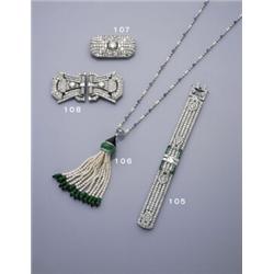 AN ART DECO STYLE JADEITE PEARL AND GEM SET SAUTOIR, The jadeite diamond black onyx and natural p...