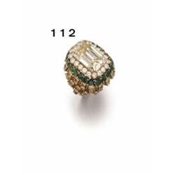 DAVID WEBB, A FANCY YELLOW DIAMOND AND EMERALD RING, The rectangular cut fancy yellow diamond wei...