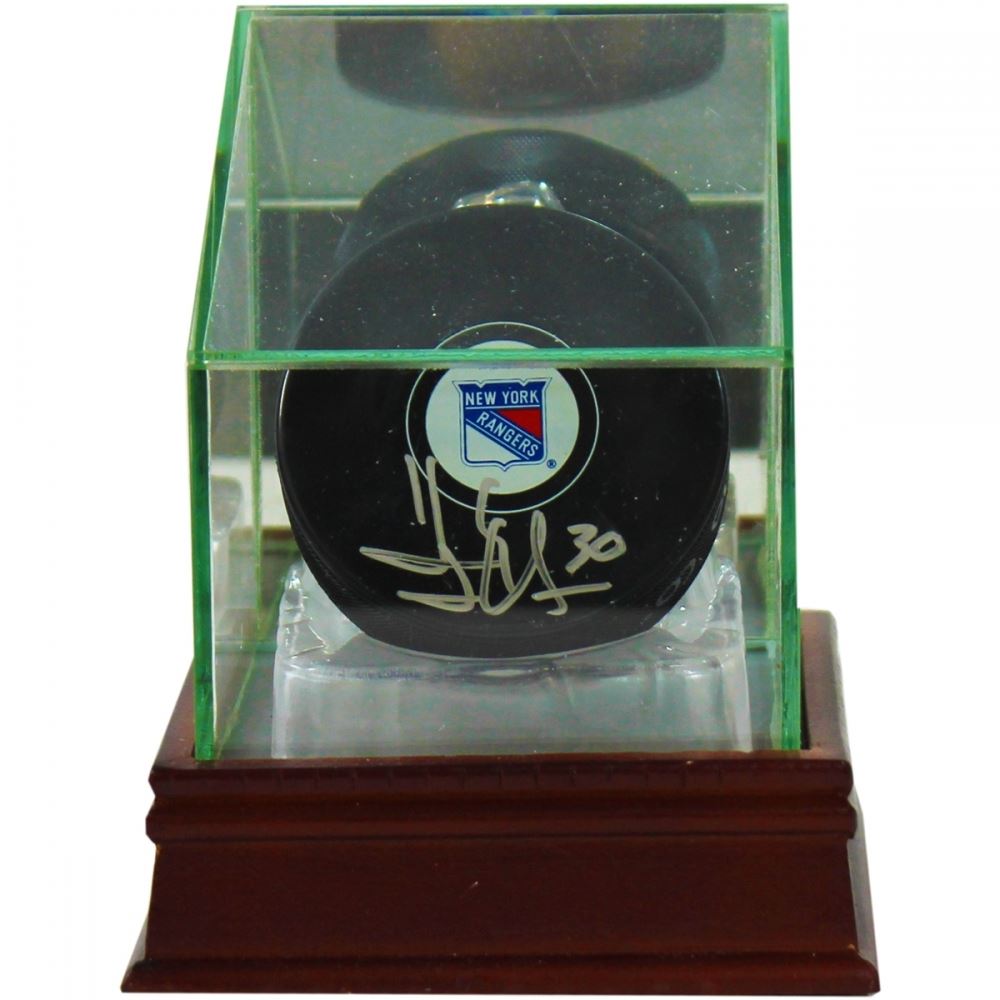 Premium Hockey Puck Glass Display Case with Mirrored Cherry Wood Base