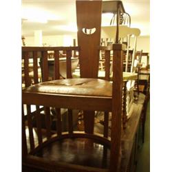 1930s oak shaped chair after Mackintosh, horseshoe shaped in slats to the floor…
