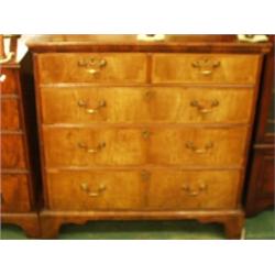 Late 18c figured walnut chest of drawers, two over three on shaped bracket feet, original locks a…