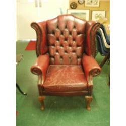 Pair of button back leather seated armchairs on cabriole legs…