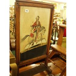 Regency rosewood firescreen with wool and silk tapestry picture of man riding horse…