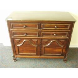 Rosewood side cabinet comprising two fielded panel cupboards and four drawers on carved shaped le…