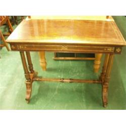 Victorian rosewood fold over card table on twin supports and centre turned stretcher…