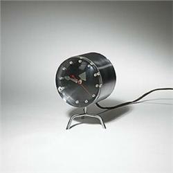 George Nelson, table clock, Howard Miller Clock Company, USA, 1950s, brushed steel, lucit...