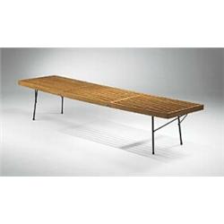 George Nelson, slat bench, Herman Miller, USA, c.1955, birch, metal, upholstery, 72"w x...