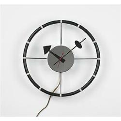 George Nelson, wall clock, Howard Miller Clock Company, USA, 1950s, chrome steel, painted...