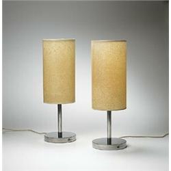 Edward Duckett, table lamps, pair, USA, c. 1948, steel, parchment, 6dia x 19h, Pair o...