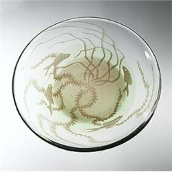 Edward Hald, Graal Fish plate, Orrefors, Sweden, 1939, 11.25"dia, Engraved: [Orrefors S...