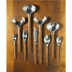Jens Quistgaard, Toke flatware, Dansk, Denmark, 1958, stainless steel, bamboo, 14 five-...
