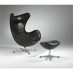 Arne Jacobsen, Egg chair and ottoman, Fritz Hansen, Denmark, 1957, leather upholstered fi...