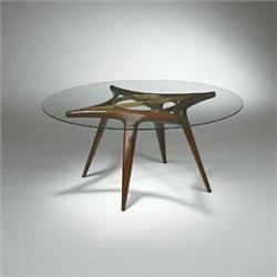 Gio Ponti, coffee table, Italy, c. 1950, walnut, brass, glass, 42"dia x 18.5"h, 3000-40...