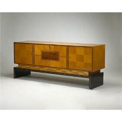 Danish, cabinet, c.1937, maple, birch, various woods, inlaid metal, 77.75"w x 20.75"d x 3...