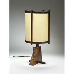 George Nakashima, Table Lamp II, USA, c.1961, walnut burl, holly, parchment, 10"dia x 19....