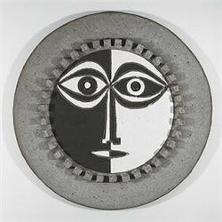 Clyde Burt, plaques, pair, USA, 1960s, glazed earthenware, 12"dia, Incised initials: [C...