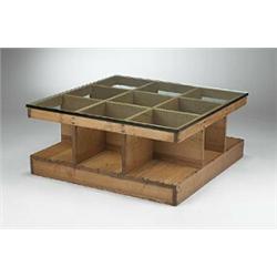 Mario Ceroli, coffee table, Poltronova, Italy, 1972, unrefined Russian pine, glass, 40"...