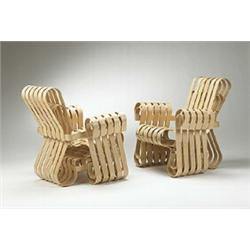 Frank Gehry, Powerplay lounge chairs, pair, Knoll, USA, 1990, maple plywood, 32"w x 31"...