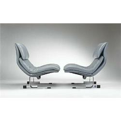 Saporiti, lounge chairs, pair, Italy, 1960s, leather, chrome steel, rubber, 32"w x 33"d x...