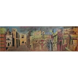Aldo Rossi, Untitled, 1989, lithograph, 18.25 x 55.5, Panoramic survey of numerous Ross...