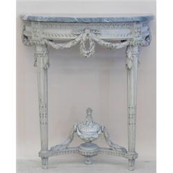 NEO-CLASSICAL CARVED AND PAINTED MARBLE TOP CONSOLE TABLE, Italian. The gray and white D-shaped...